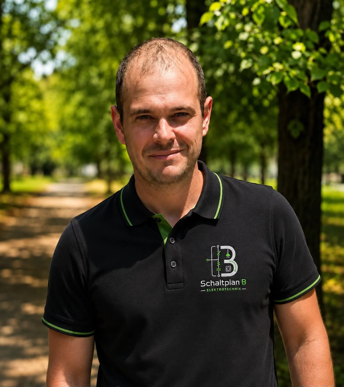 Elektrikermeister von Schaltplan B im schwarzen Firmenpoloshirt